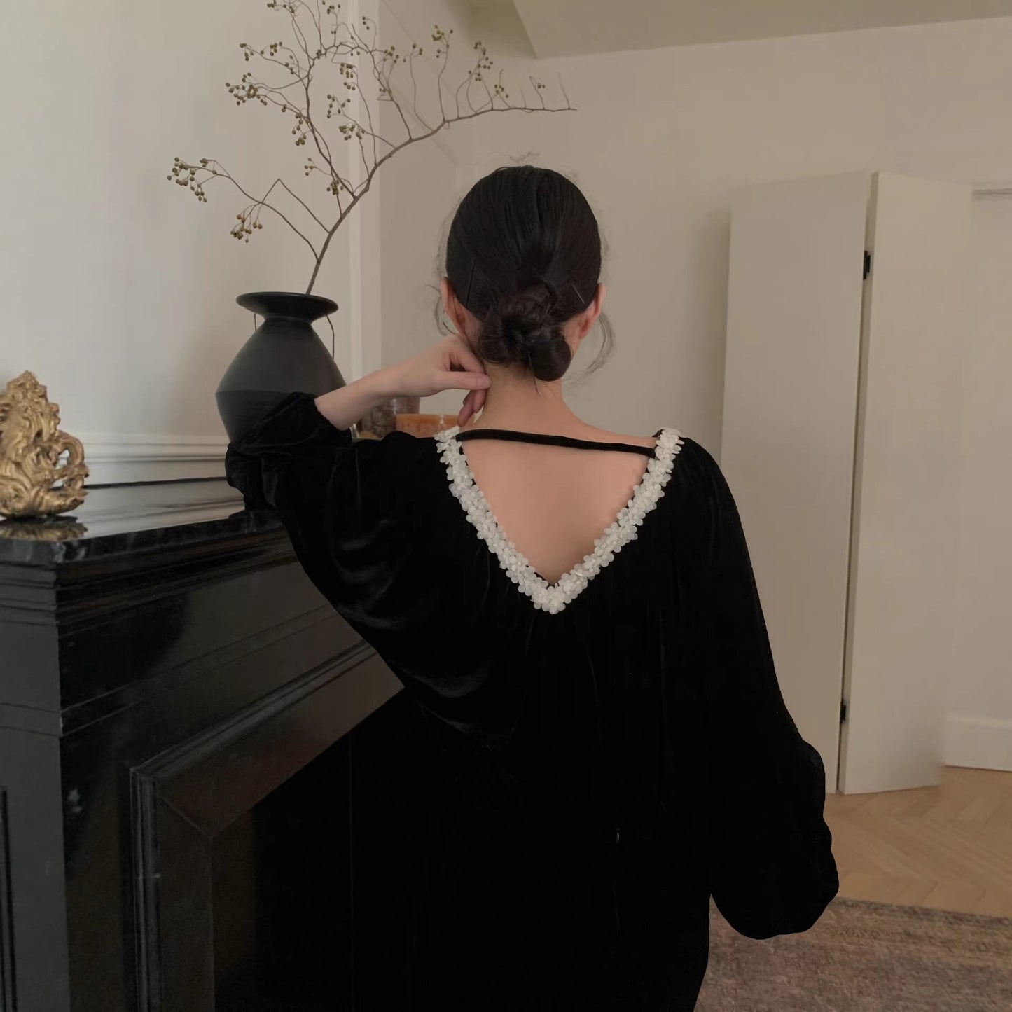 Vintage loose long-sleeved design halter v-neck velvet sweater