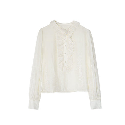 Chic, sweet and good-looking solid-color lace-trimmed long-sleeved shirt