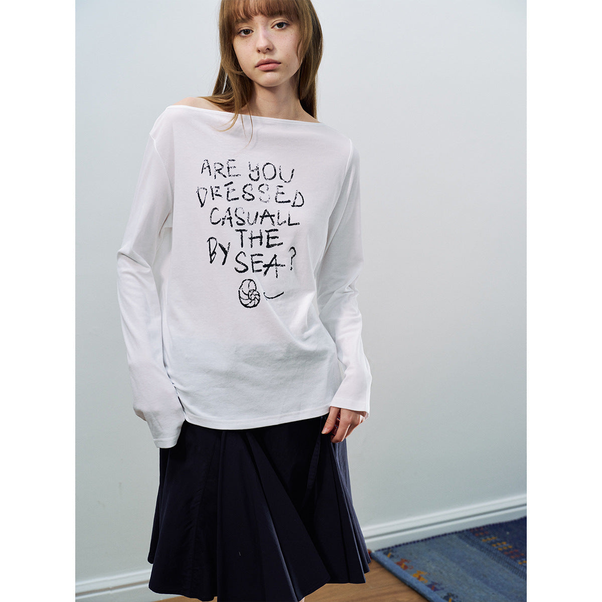 Spring new casual simple and easy solid color letter printing one word shoulder versatile T-shirt