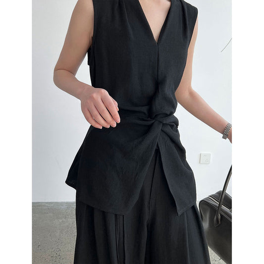 Design sense V-neck kink sleeveless vest + wide-leg pants women's summer new slim-fit linen suit