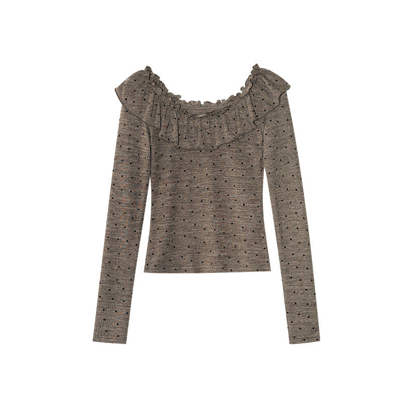 Sweet age-reducing slim-fit polka-dot long-sleeved ruffle top