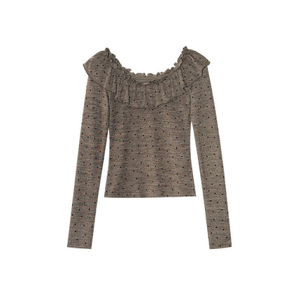 French sweet age-reducing slim-fit polka-dot long-sleeved ruffle top