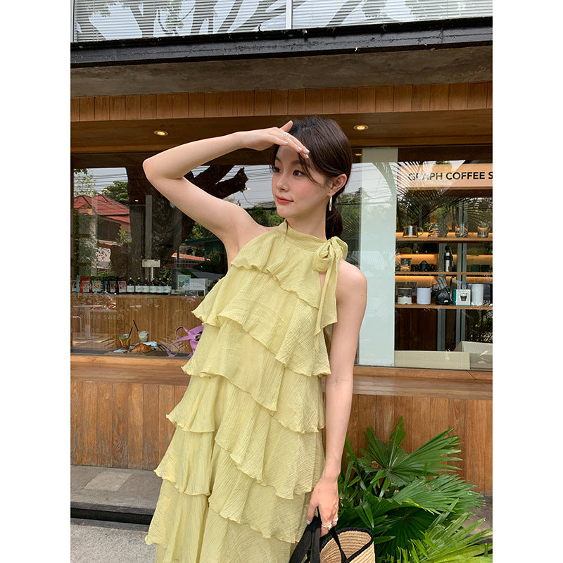 Women's Stand Collar Ruffle Tiered Sleeveless Tencel Maxi Dress