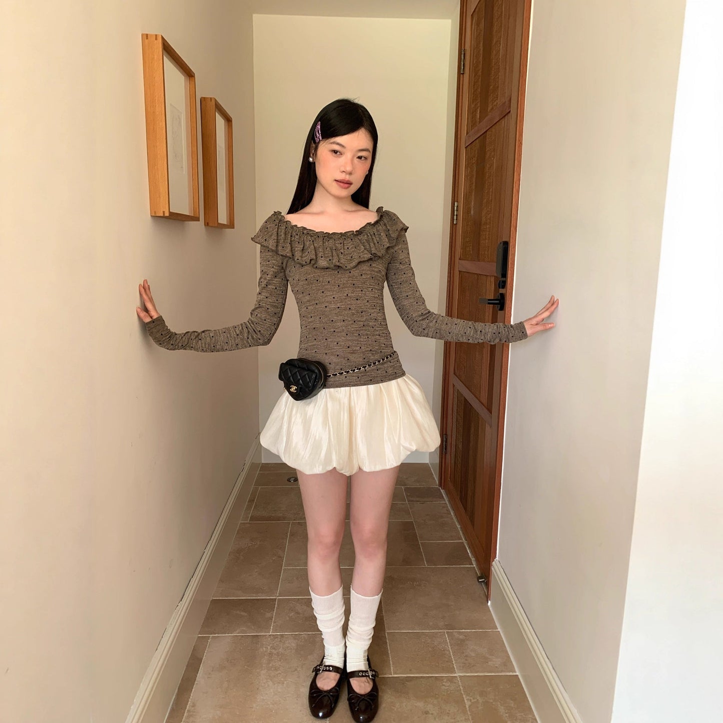 Sweet and spicy polka dot short skirt anti-light elastic waist a-shaped skirt