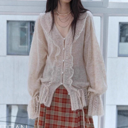 Oversized Mohair Wool Cardigan | V-Neck Drawstring Pearl Button Ruffle Hem