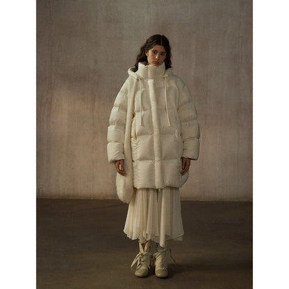Classic Puff Hooded Warm Cocoon Loose Medium Length 90 White Duck Down Jacket