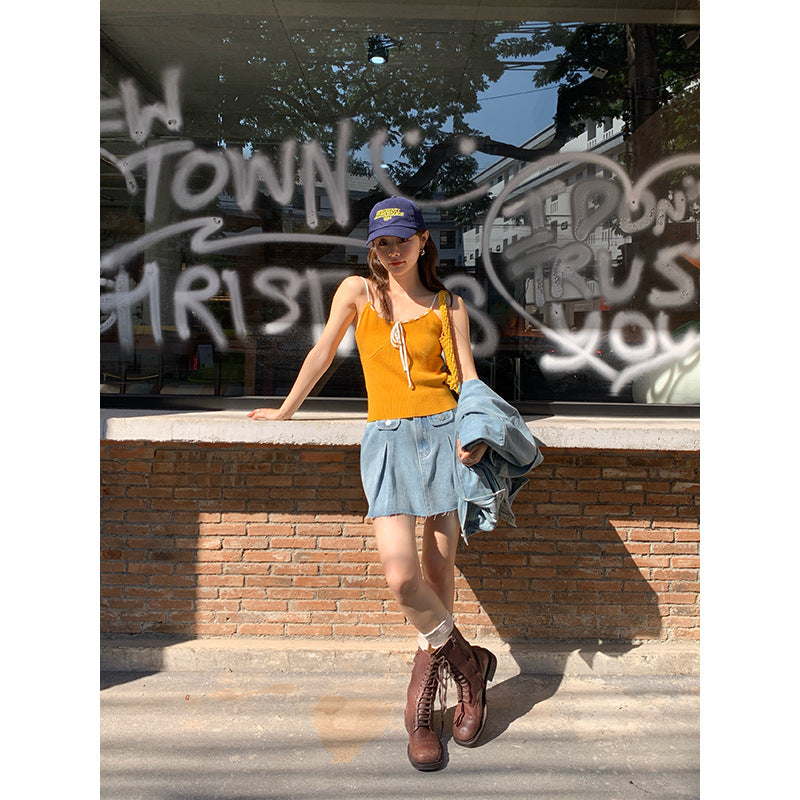 Street Trend Fashion Retro Hairy Denim Skirt