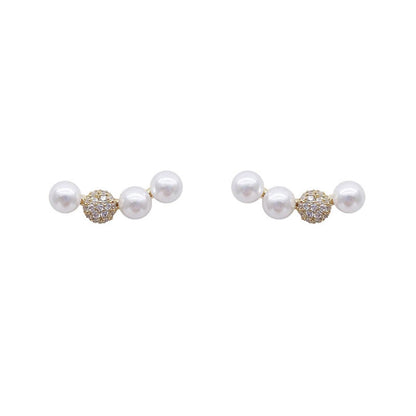 Light luxury small micro-inlaid pearl zircon smile one-word curved stud earrings sweet high-end simple earrings earrings women