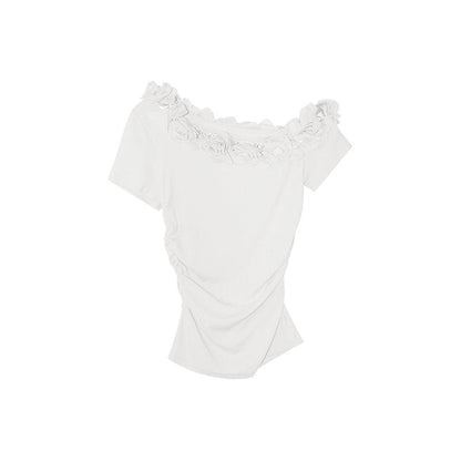 Women's 3D Floral Off-Shoulder Asymmetric Sleeve Pinch-Waist Tencel Top