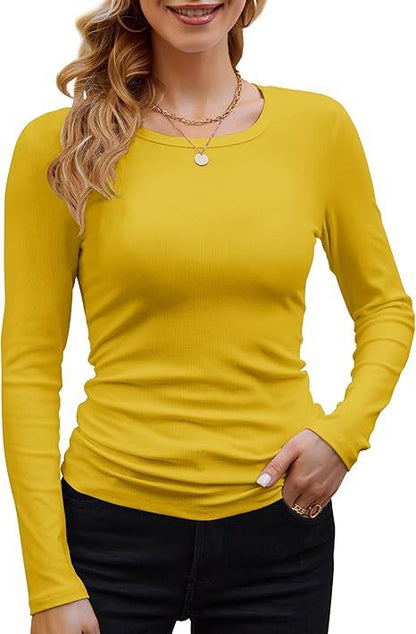 Ribbed Cotton Long Sleeve T-Shirt Women Solid Color Round Neck Slim Fit