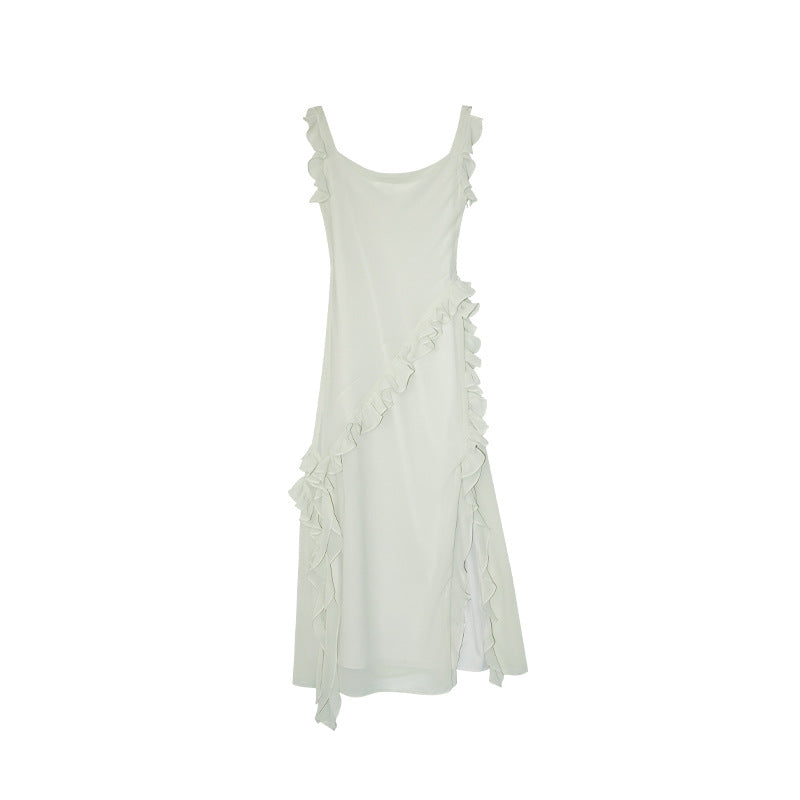 Ruffle Trim U-Neck High Waist Split Maxi Dress