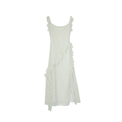 Ruffle Trim U-Neck High Waist Split Maxi Dress