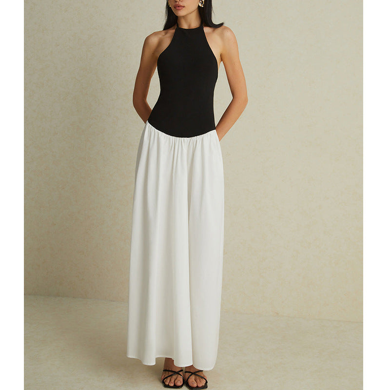 Fashion lace-up neck chiffon long dress backless splicing Spice girl sexy dress women sleeveless