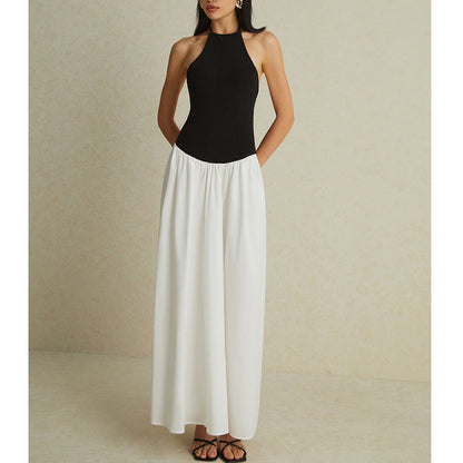 Fashion lace-up neck chiffon long dress backless splicing Spice girl sexy dress women sleeveless