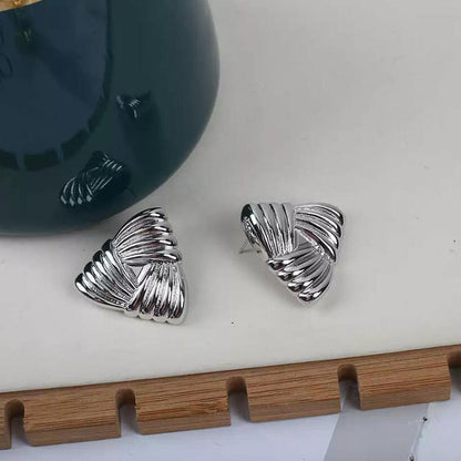 ins niche temperament retro feather pleated earrings women's gold striped wrapped triangular stud earrings