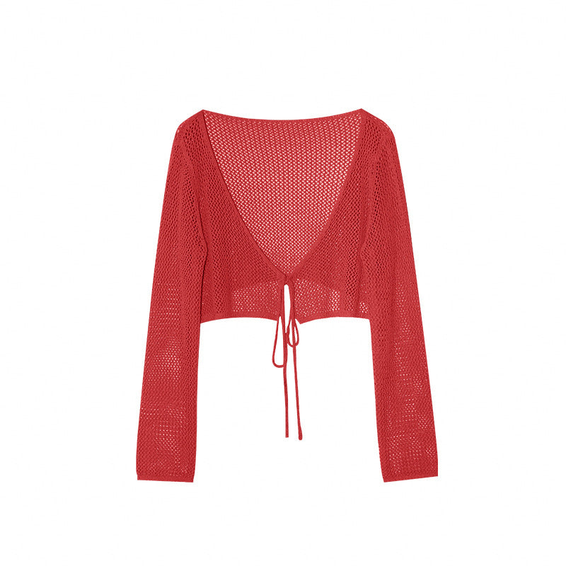 Thin skin-friendly and breathable outer lace-up hollow knitted sweater