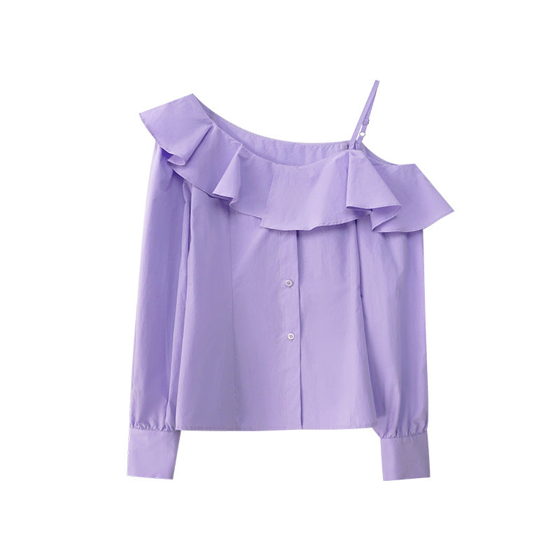 Temperament ruffle edge long-sleeved off-shoulder shirt