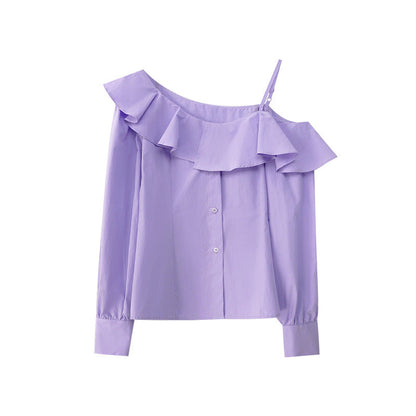 Temperament ruffle edge long-sleeved off-shoulder shirt