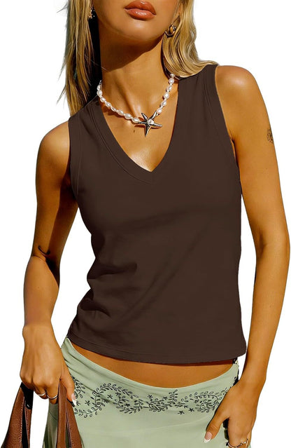 V-Neck Sleeveless Top Women Loose Fit Splicing Casual Tank