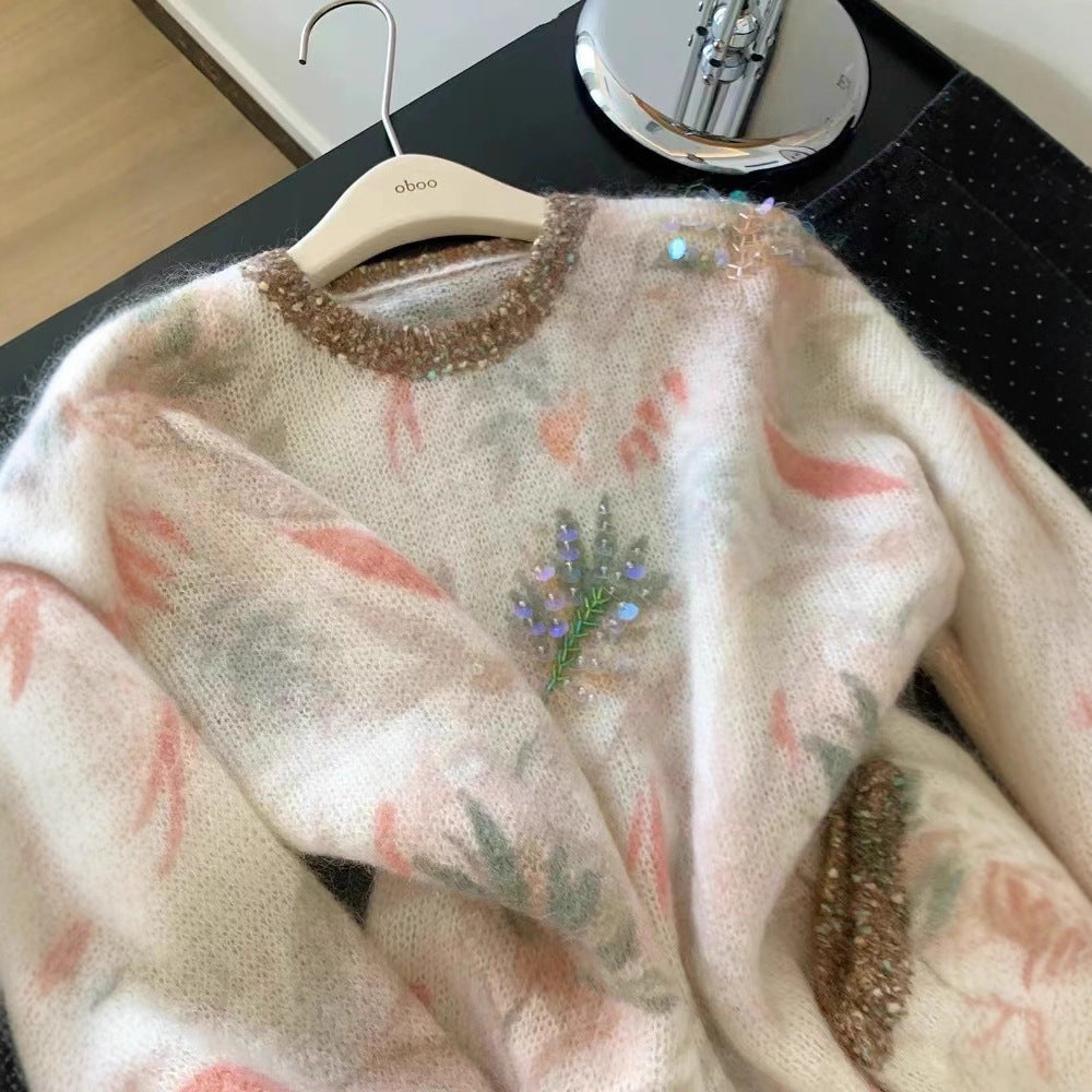 Heavy Industry Sequins Soft Waxy Mohair Pullover Wear Loose Women's Early Autumn New Sweater