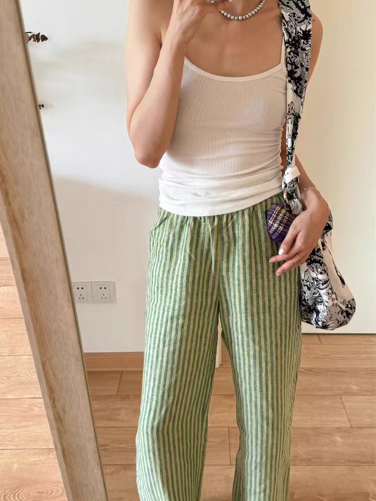Japanese design sense niche thin casual linen striped nine-point elastic wide-leg pants children's summer new