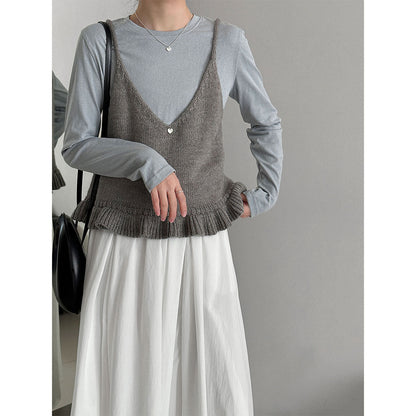 Gentle V-neck ruffle edge knitted vest women's 26 early spring new stacked wear versatile suspender top