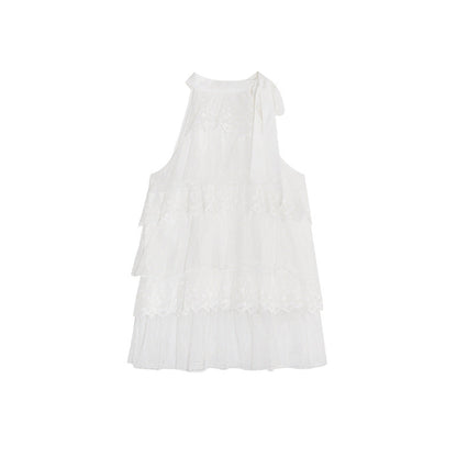 Ribbon bow multi-layer spliced sleeveless lace top