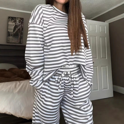 Striped Casual Two-Piece Set Women Long Sleeve Top High Waist Pants