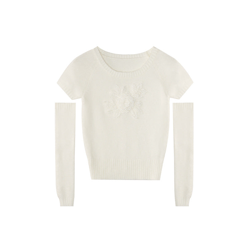 Women's 3D Floral Jacquard Asymmetric Sleeve Crew Neck Pullover Sweater