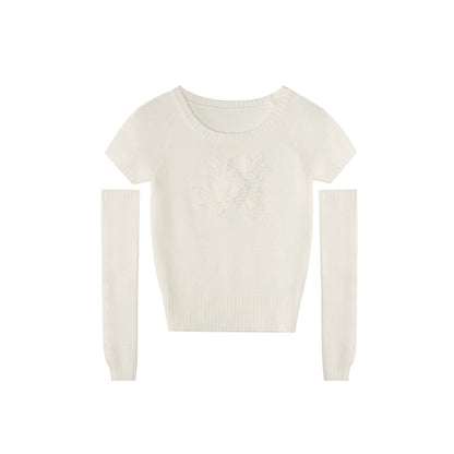 Women's 3D Floral Jacquard Asymmetric Sleeve Crew Neck Pullover Sweater