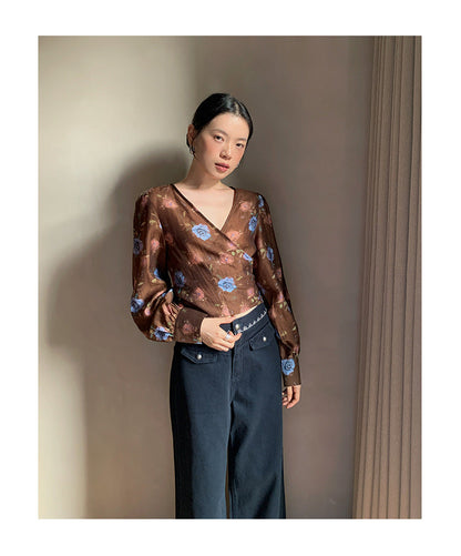 Temperament Tencel v-neck strap long-sleeved shirt