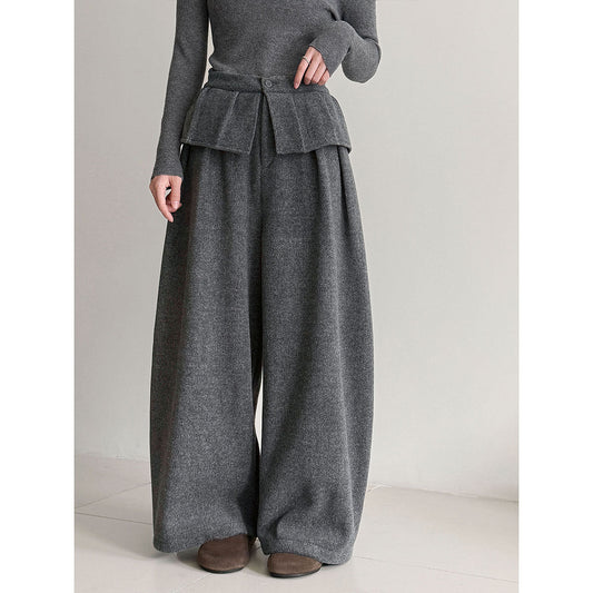 Korean style thickened wool blend wide-leg pants with patchwork detail - women's winter design, warm and casual trousers