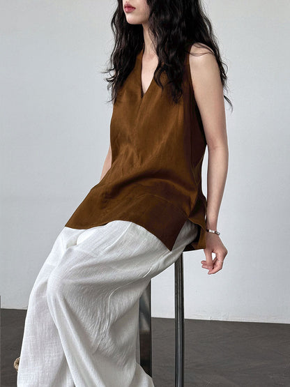 French linen V-neck neck vest women's summer new holiday style suspender top shirt T-shirt
