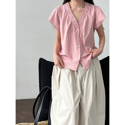 Korean V-neck lace flying sleeves short sleeves women's summer new thin short simple cardigan top