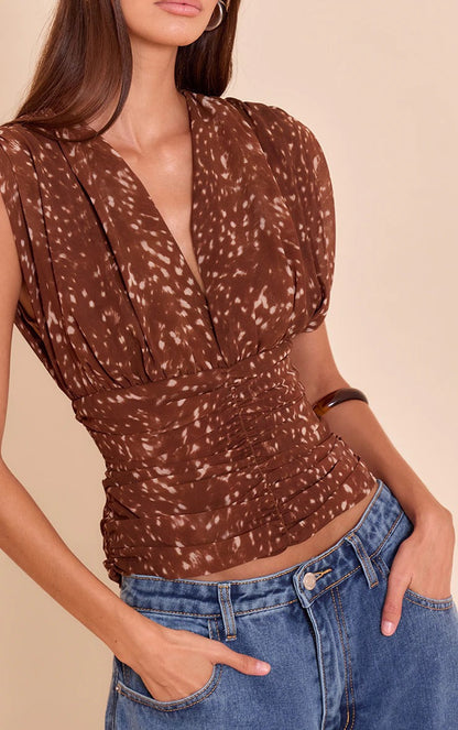 Fashion polka dot solid color V-neck waist sexy pleated short-sleeved T-shirt