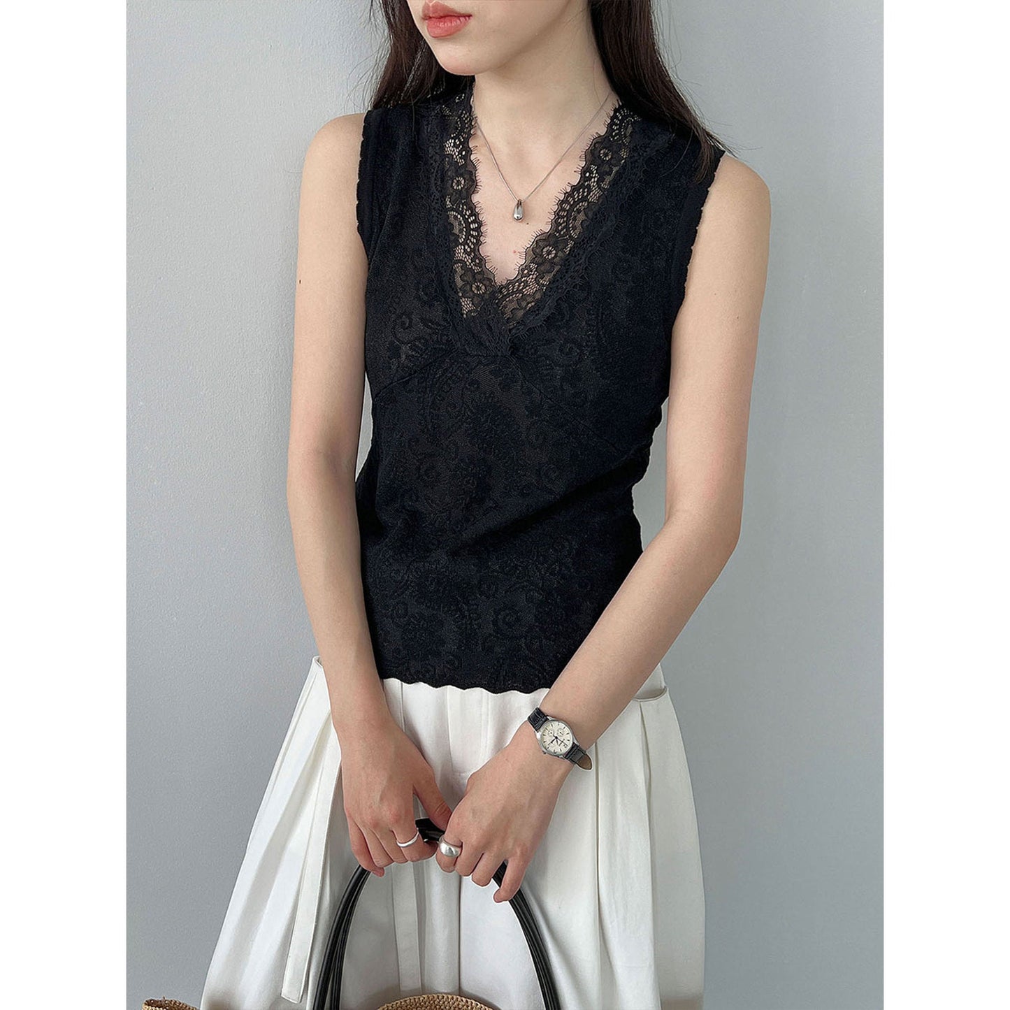 Tencel V-Neck Sleeveless Lace Bottom Vest