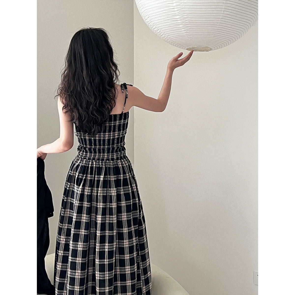 Retro plaid tube top suspender dress for women's summer high-end elastic waist A-shaped long dress