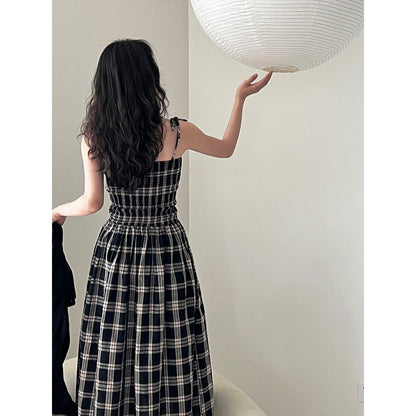 Retro plaid tube top suspender dress for women's summer high-end elastic waist A-shaped long dress