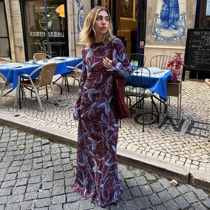 New women's fashion slim holiday dress women's French long-sleeved chiffon print dress