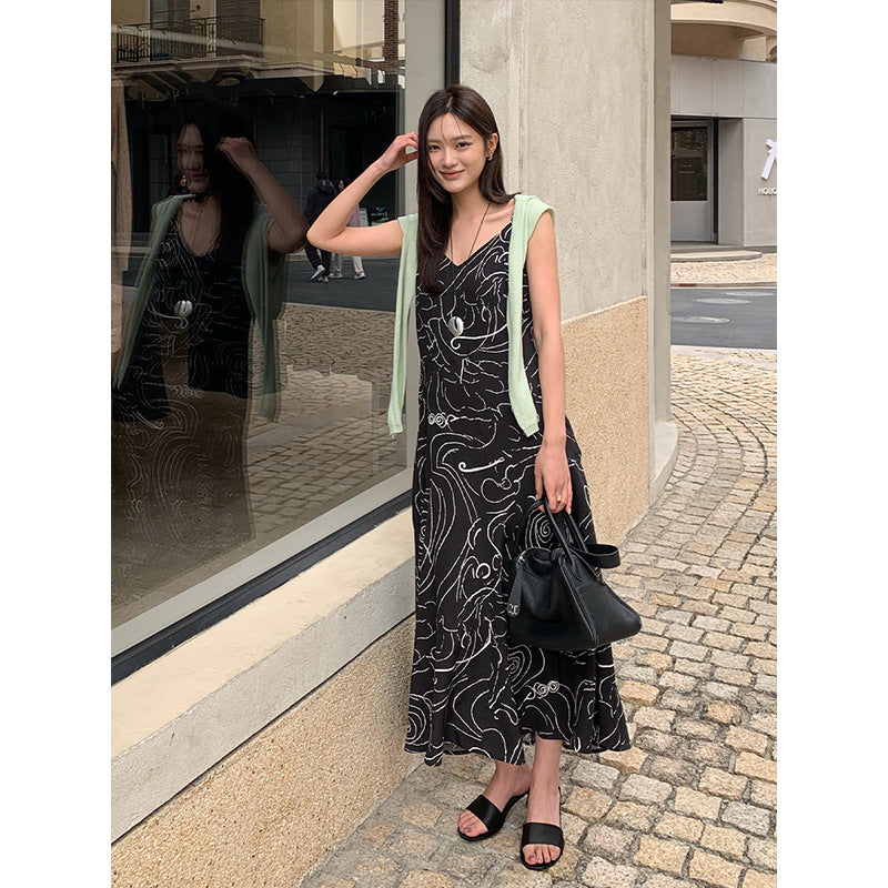 Tencel linen spiral line suspender skirt