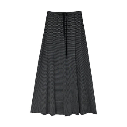 Korean lazy wind drawstring pinstriped skirt autumn new drape high waist thin dress