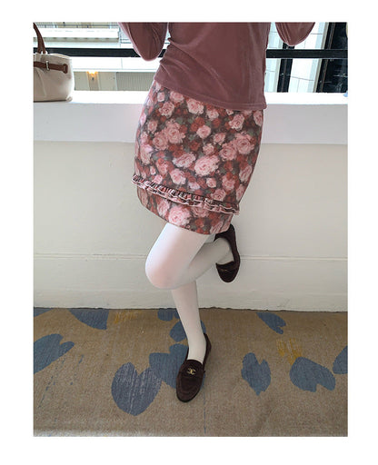 Romantic and sweet girly rose print A-line skirt