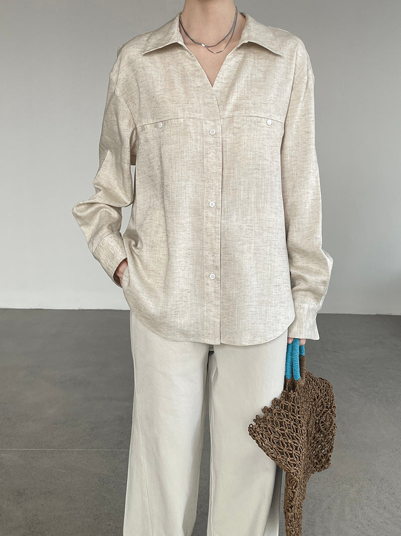 V-Neck Cotton Linen Long Sleeve Cardigan Shirt