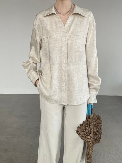 V-Neck Cotton Linen Long Sleeve Cardigan Shirt