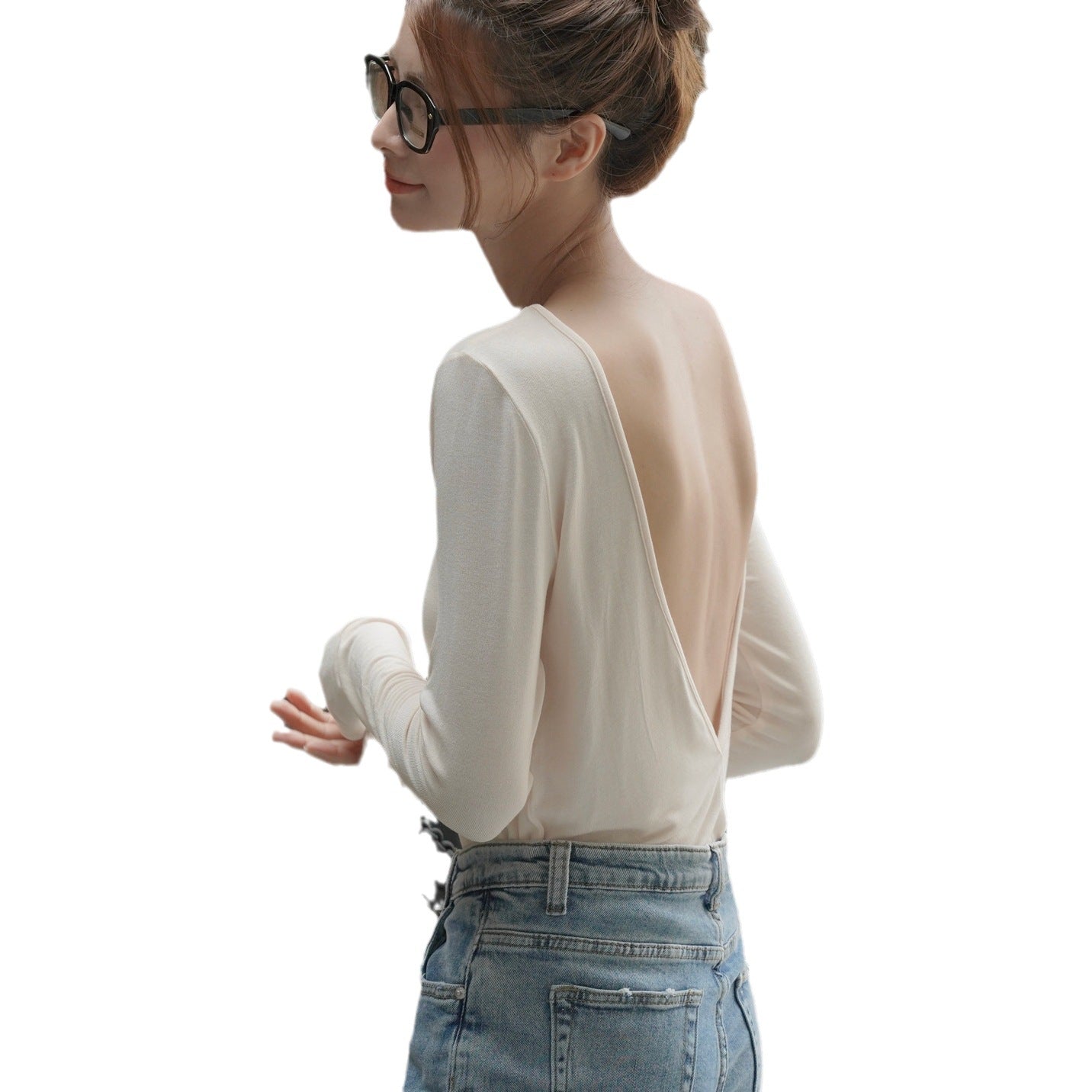 Round Neck Long Sleeve Knit Top Women Slim Fit Backless Pullover