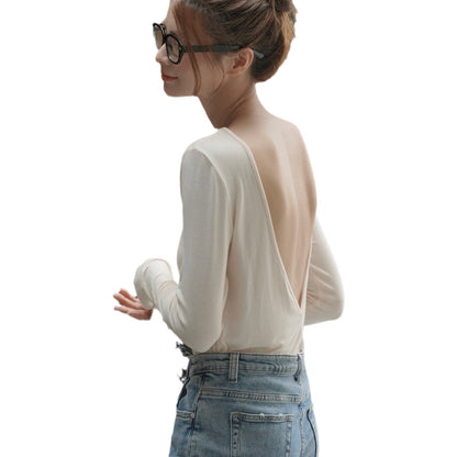 Round Neck Long Sleeve Knit Top Women Slim Fit Backless Pullover