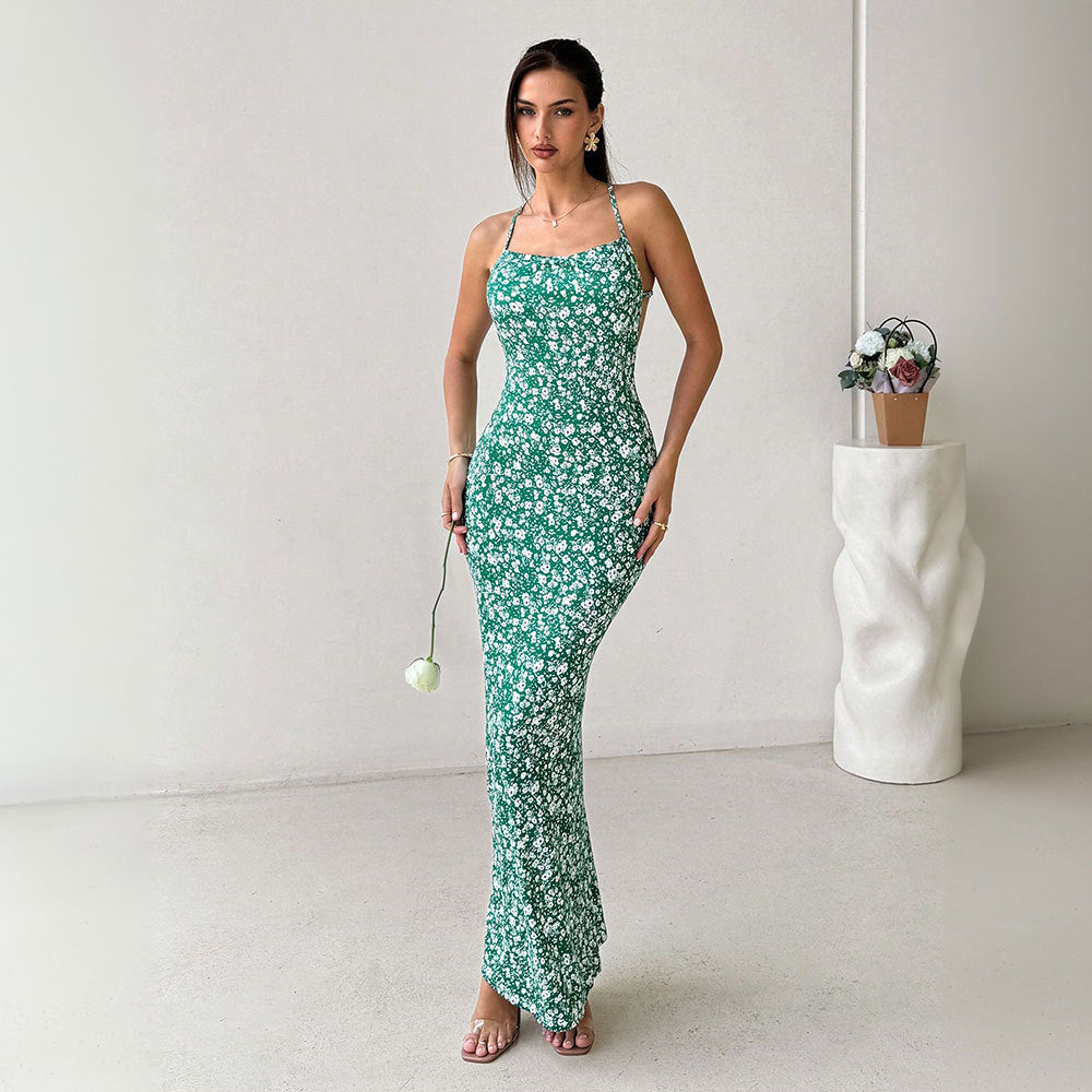 Halter Neck Sleeveless Dress Women High Waist Backless Floral Maxi
