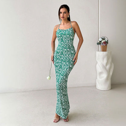 Halter Neck Sleeveless Dress Women High Waist Backless Floral Maxi