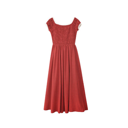 Women's Off-Shoulder Square Collar High-Waist Pleated A-Line Maxi Dress