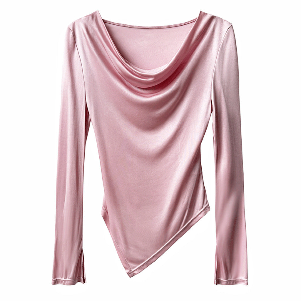 High-end design sense stacked collar irregular long-sleeved acetic acid T-shirt women's pure desire bottoming shirt top 2605